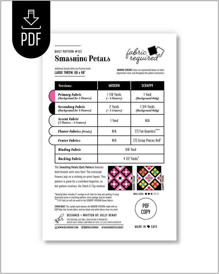 Smashing Petals Quilt Pattern Fabric Requirements