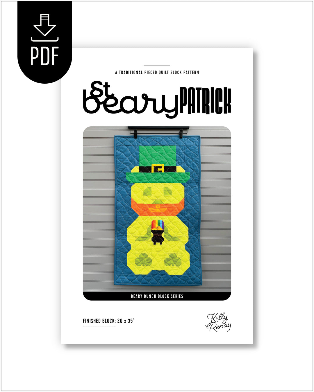 Quilt pattern packaging for 'St Beary Patrick' with colorful design