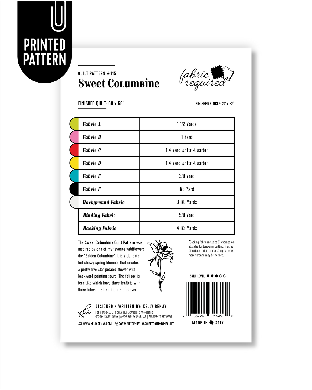 Sweet Columbine Quilt Pattern Fabric Requirements