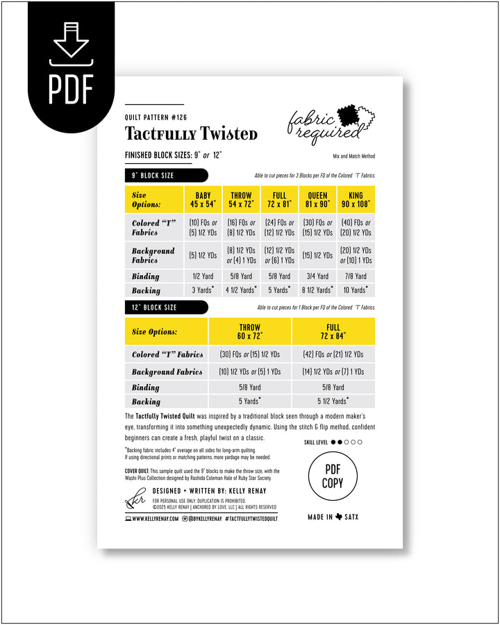 Pattern guide with fabric requirements and sizes on a white background